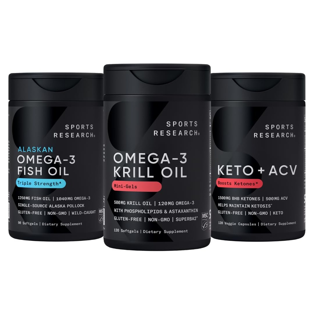 Spor Araştırması Triple Strength Omega 3 Fish Oil, Antarktika Krill Oil + Phospholipids, Choline & Astaxanthin Mini-Softgels, Keto Plus ACV 500 mg Apple Cider Vinegar & 1500 mg goBHB Exojen Ketones