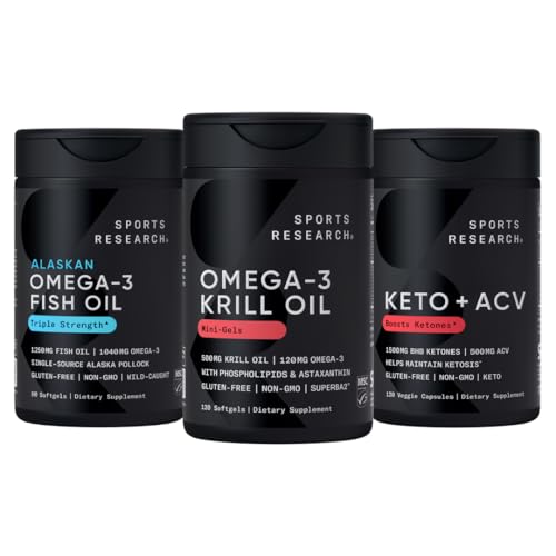 Spor Araştırması Triple Strength Omega-3 Fish Oil, Antarktika Krill Oil + Phospholipids, Choline & Astaxanthin Mini-Softgels, Keto Plus ACV 500 mg Apple Cider Vinegar & 1500 mg goBHB Exojen Ketones