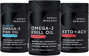 Spor Araştırması Triple Strength Omega 3 Fish Oil, Antarktika Krill Oil + Phospholipids, Choline & Astaxanthin Mini-Softgels, Keto Plus ACV 500 mg Apple Cider Vinegar & 1500 mg goBHB Exojen Ketones
