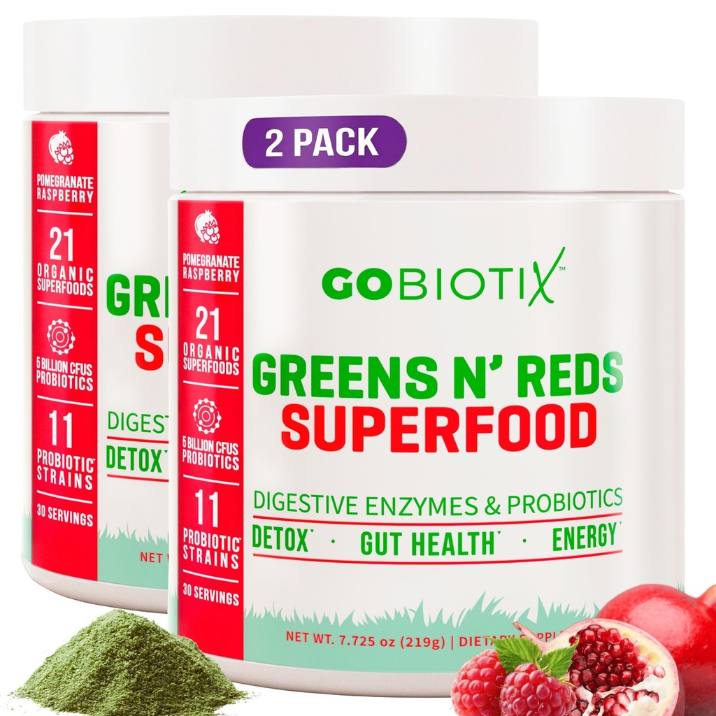 GOBIOTIX Super Greens και Reds σκόνη - Κόκκινο και Πράσινο Superfood - Probiotic συμπλήρωμα - Digestive Ένζυμα και σκόνη ρίζας τεύτλων - Βιολογικό συμπλήρωμα διατροφής ολόκληρων τροφίμων (Pom Raspberry, 2 Pack)