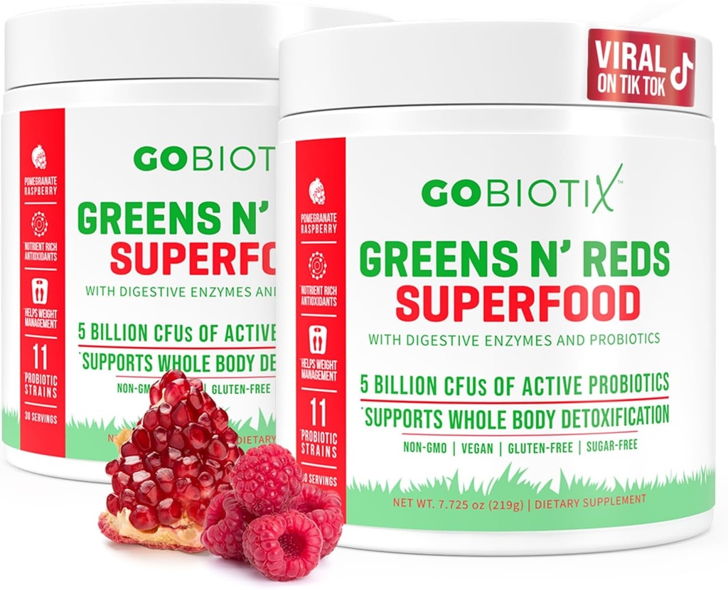 GOBIOTIX Super Greens ve Reds Toz - Red ve Green Superfood - Probiyotik Supplement - Digestive Enzymes and Beet Root Toz - Organik Tüm Gıdalar Diyetsel Tamam (Pom Raspberry, 2 Pack)
