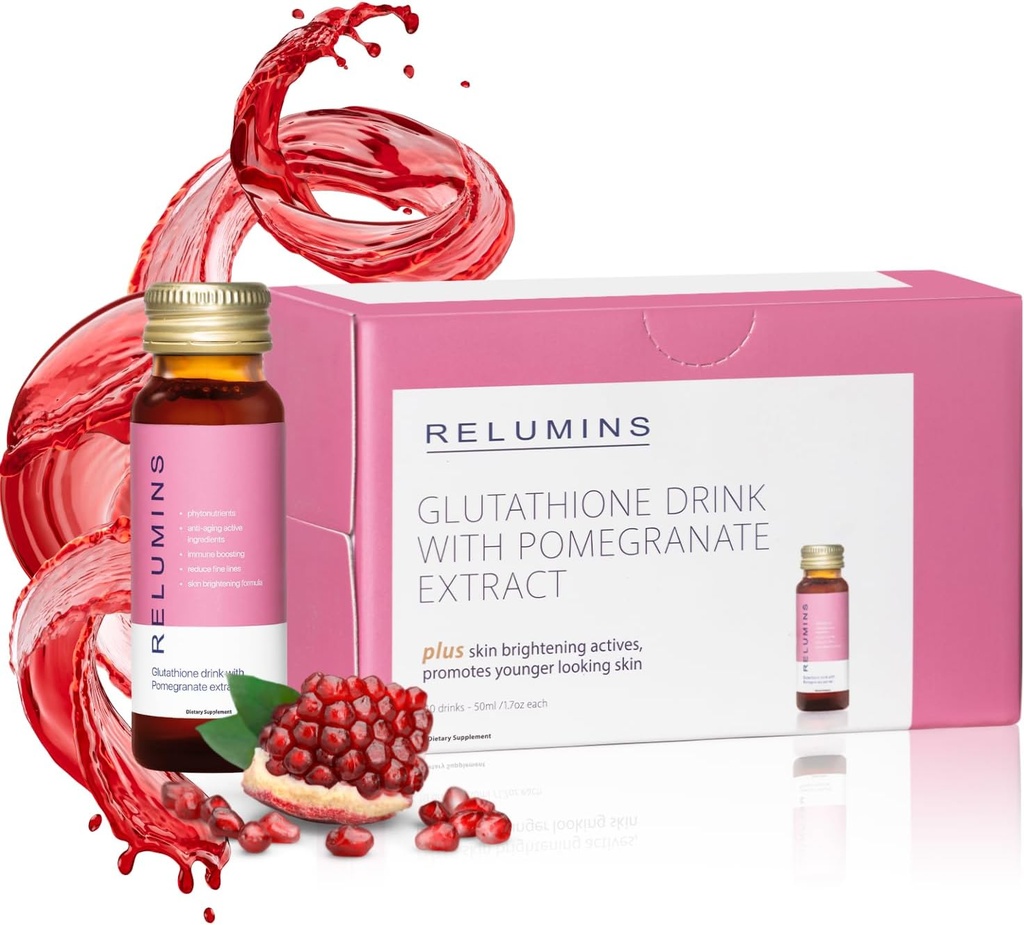 Relumins Glutathione Hydration Shots - Μετά το Καλοκαίρι Ανάκτηση δέρματος & Ψυχρός Καιρός Ενυδάτωση - Κολλαγόνο-Boosting & Made in USA - Ρόδι Γεύσεις – 10 Μπουκάλια x 50 ml
