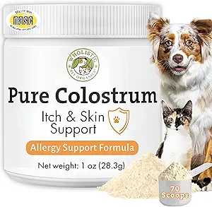 Wholistic Pet Organics Bovine Colostrum Toz - 1 Oz - Mevsimlik Köpek Alerjisi Yardımı - Köpekler için Yardım - Doğal Anti Itch Supplement - ABD'de Gerçekleştirilmiş - Köpek Alerjileri Chews