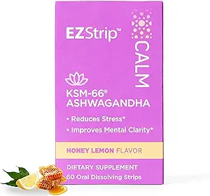 Calm – KSM-66 Ashwagandha Oral Strips. Stres Yardımı ve Oda Supplement. Honey Lemon Flavor. Sugar Free, Gluten Free, Allergen Free, Non-GMO. ABD'de FDA-Registered Tesis'te yapıldı. 60 Pkk
