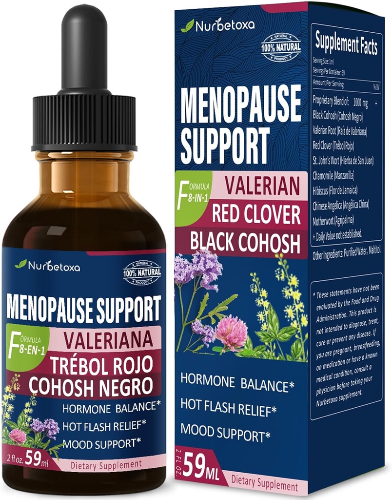 Black Cohosh Εμμηνόπαυση Υποστήριξη σταγόνες, Phytoestrogen Συμπληρώματα W/Red Clover, Motherwort & St. John's Wort Extract για Hot Flashs, Night Sweats & Comfort. Cimicifuga para Εμμηνόπαυση. 2oz