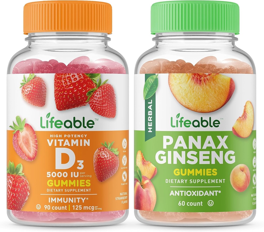 Ζωηρή βιταμίνη D 5000 IU + Panax Ginseng, Gummies Bundle - Μεγάλη γεύση, συμπλήρωμα βιταμίνης, χωρίς γλουτένη, GMO δωρεάν, μασώμενη κοιλιά