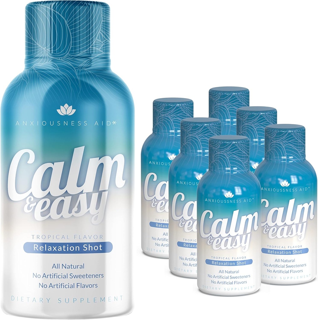 Calm & Easy - Doğal Stres Yardımı Shot, KSM-66 Ashwagandha, Suntheanine L Theanine, Calming Adaptogen Drink, Relaxation, Focus, and Mood | 2 oz Liquid Şişe (6 Pack)