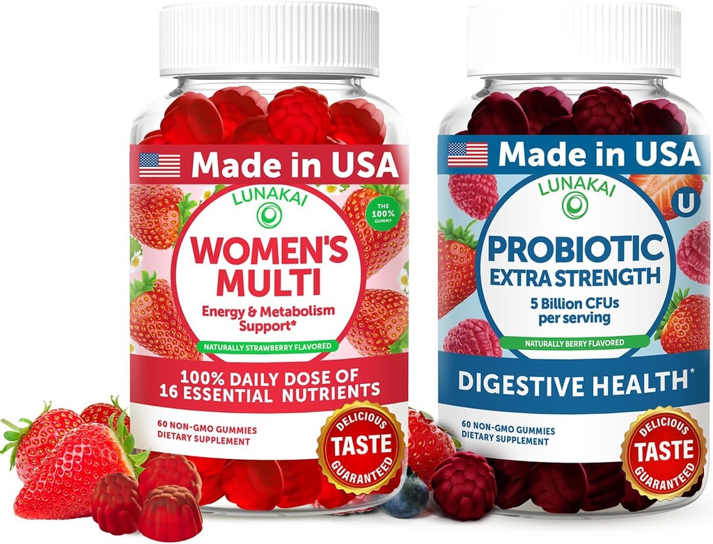 Lunakai USA, Kadınlar Multivitamin & Probiyotik Gummies Sche - 16 Multi Vitamins & Probiyotik for Digestion Support – 60ct Every