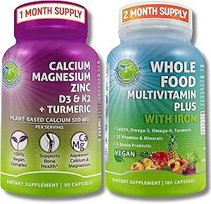 Vegan All Food Multivitamin with Iron + Plant-Baseduba, Magnezyum, çinko, D3, K2 & Organik Turmeric - Erkekler ve Kadınlar için Günlük Tamam Paketi - Enerji, Immunity & Bone Support