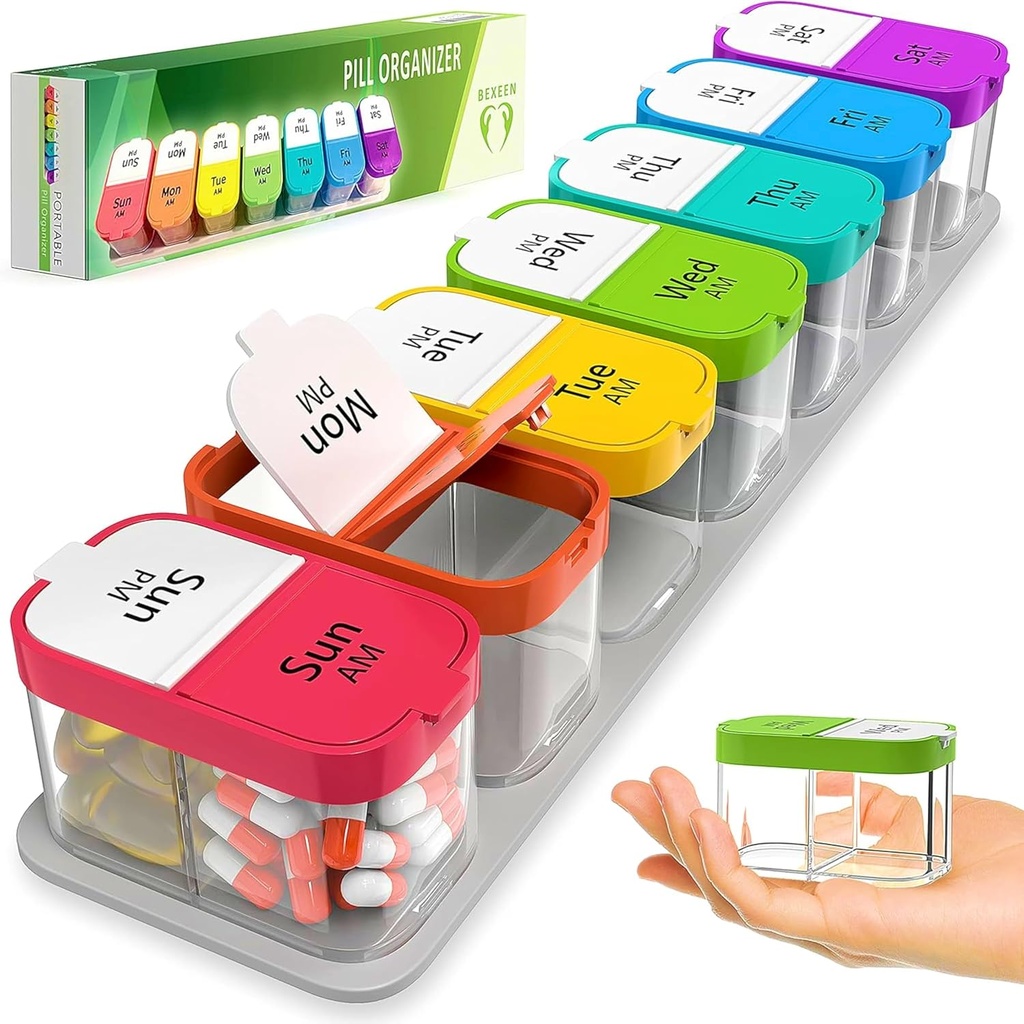Extra Large Weekly Pill Organizer - XL Vitamin Holder με 7 Αποσπώμενα AM Διαμερίσματα - Φορητό φαρμακείο για το σπίτι και τα ταξίδια, Μεγάλο συμπλήρωμα εμπορευματοκιβωτίων για εβδομαδιαία ή καθημερινή χρήση, Rainbow