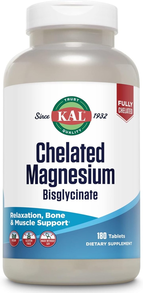 KAL Chelated Magnesium Bisglycinate, Magnesium Supplement for Relaxation, Bone Health, Nerve & Muscle Function Support*, High Absorption, Gentle Digestion, Vegan, Gluten Free, 60 Servings, 180 Tablets