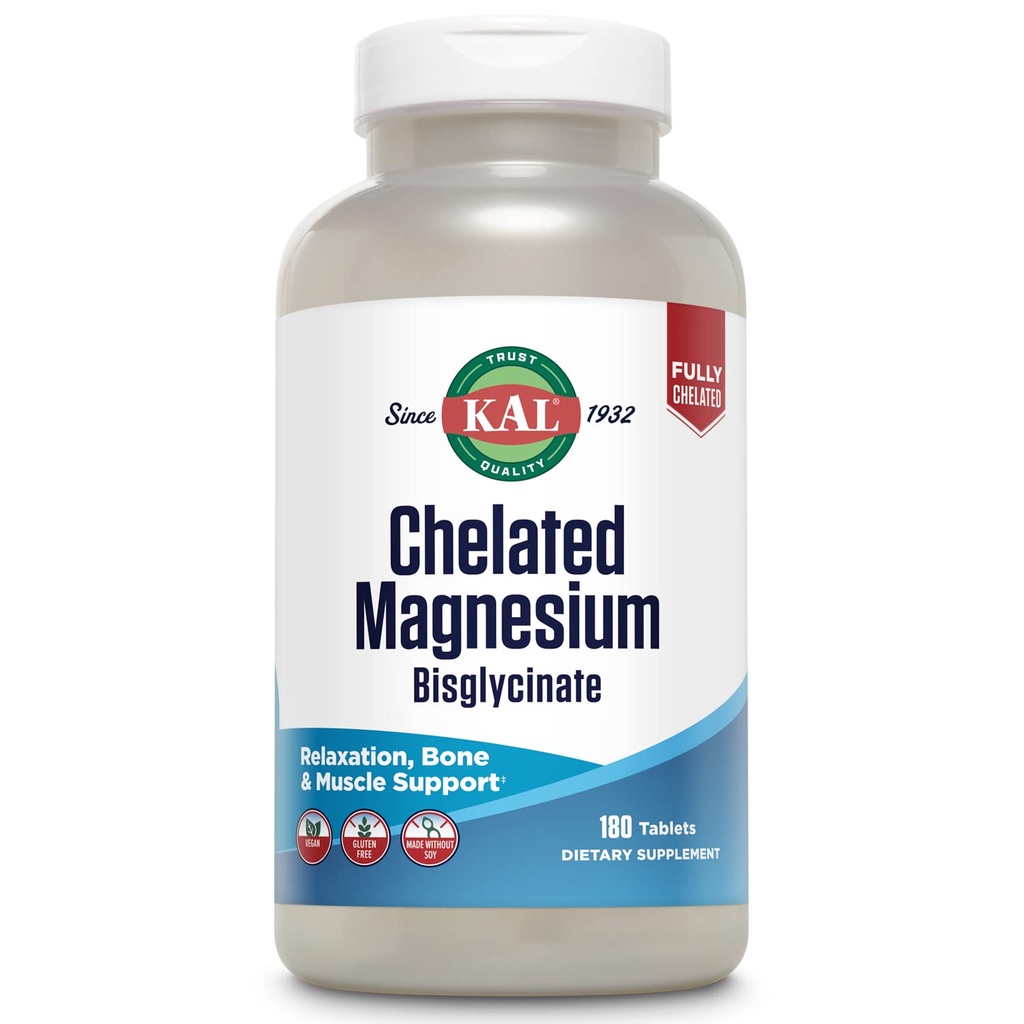 KAL Chelated Magnezyum Bisglycinate, Magnezyum Supplement for Relaxation, Bone Health, Nerve & Muscle Function Support*, High Abors, Gentle Digestion, Vegan, Gluten Free, 60 Hizmet, 180 Tabletler