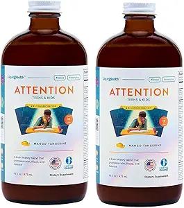 LIQUIDHEALTH Προσοχή, Liquid Multivitamin for Kids & Teens - Βελτιώνει τη διατήρηση μνήμης, τη συγκέντρωση, τη συγκέντρωση, τη διάθεση, τη χαλάρωση και την ηρεμία - Made in The USA, Great Taste, Vegan, Sugar-Free (2 Pack)