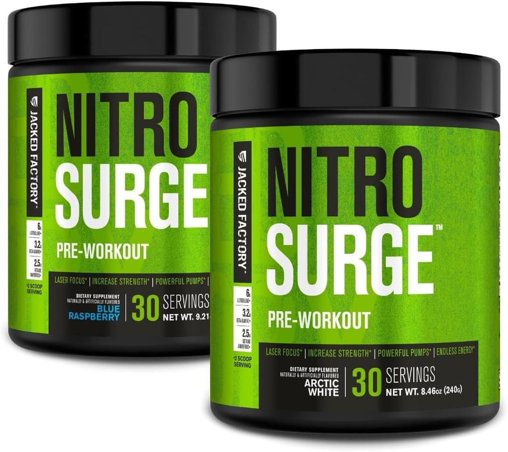 Jacked Factory NITROSURGE Pre Workout Supplement for Energy, Instant Strength Gains, Clear Focus, & Intense Pumps (Mavi Raspberry, 30 Hizmet & Arctic White, 30 Hizmet)