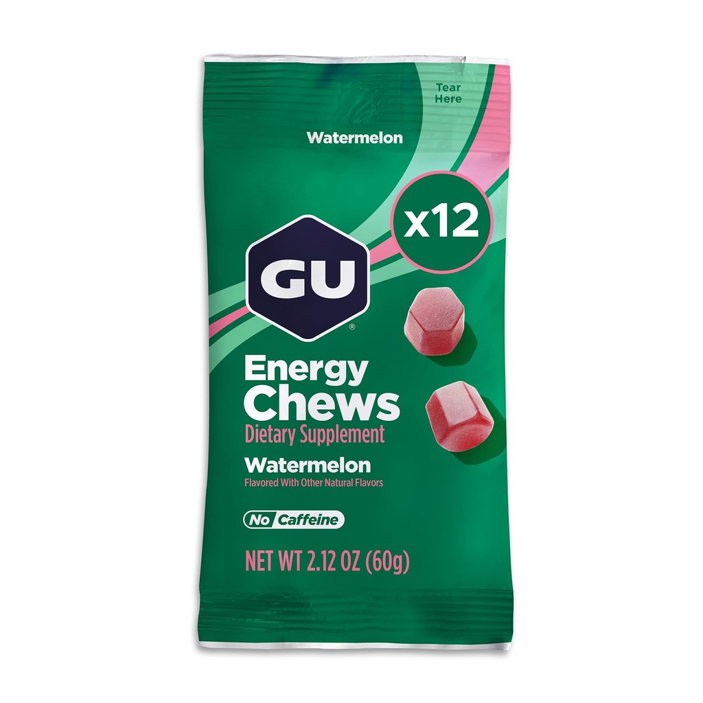 GU Energy Chews, Watermelon Energy Gummies με ηλεκτρολύτες, Vegan, χωρίς γλουτένη, Kosher, Caffeine-free, και Dairy-free On-The-Go Energy για κάθε προπόνηση, 12 Τσάντες (24 Services Σύνολο)