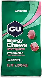 GU Energy Chews, Watermelon Energy Gummies with Electrolytes, Vegan, Gluten-Free, Kosher, Caffeine-Free, and Dairy-Free On-The-Go Energy for Any Workout, 12 Bags (24 Servings Total)
