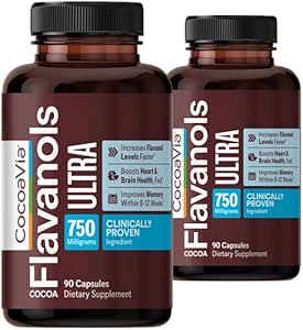 CocoaVia Memory+ Brain Supplement, 60 Day, 750 mg Cocoa Flavanols, Memory & Brain ATM, Vegan, Plant bazlı,180 Capsules