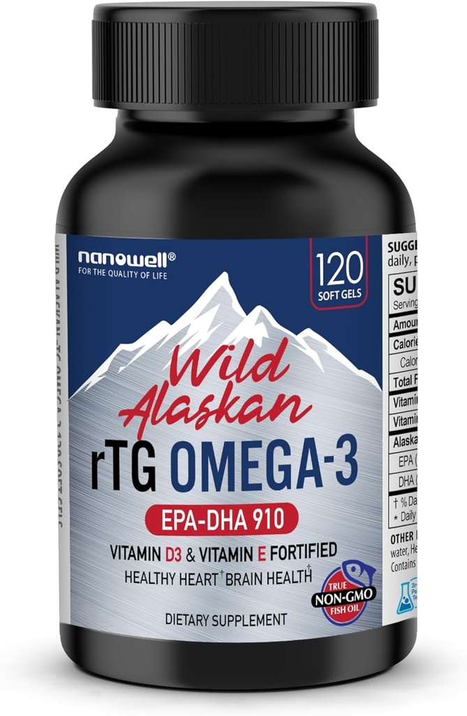 NANOWELL Wild Alaskan rTG Omega-3 Fish Oil 1196 mg - EPA, DHA, D3 & E - 120 Softgels, 60 Day Supply