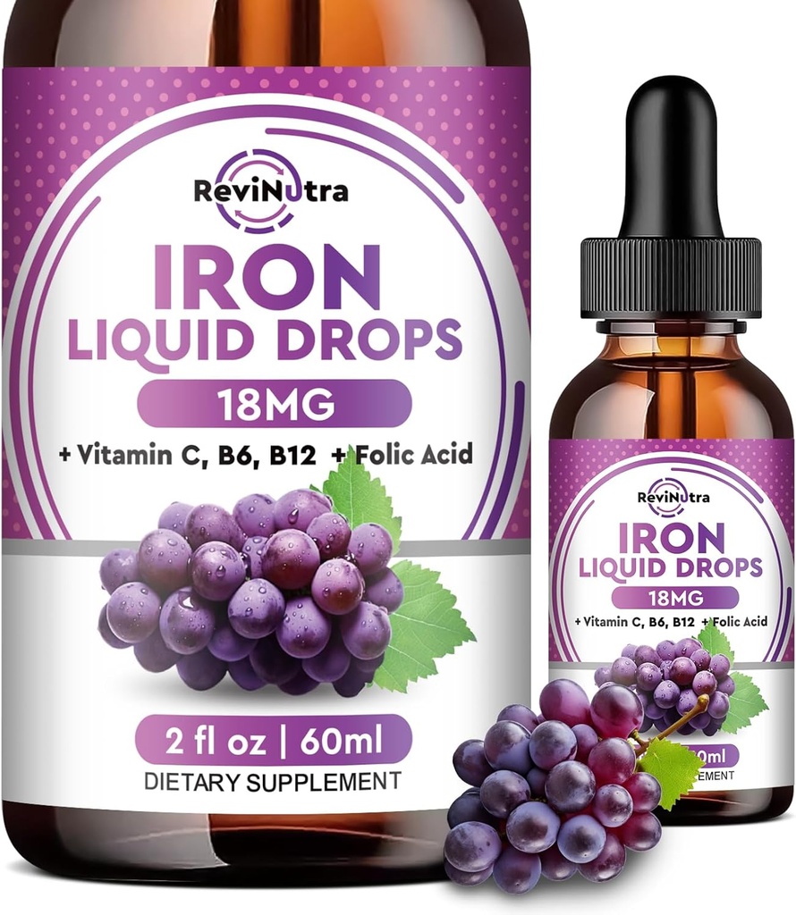 Kadınlar için sıvı Demir Supplement, Erkekler ve Çocuklar - Sıvı Demir Ölmüş, C, B6, Biremi için B12, Red Blood Hücre, Enerji Desteği - Grape Flavor, 2 Fl Oz