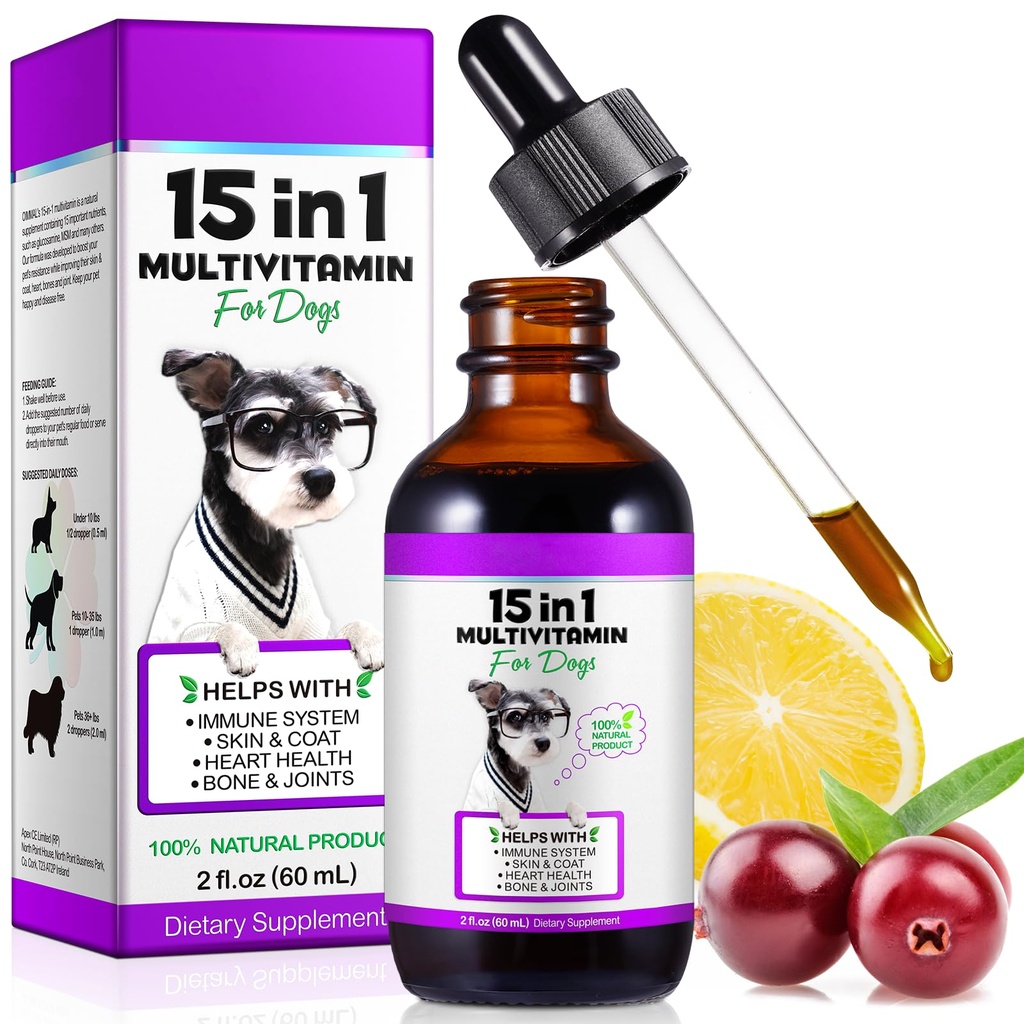 Köpek Multivitamin,15 1 Dog Multivitamin Liquid Drops Supplements, Dog Vitamins for Heart Health, Bones, Joint, Skin & Coat, Bladder, Immune System Support 60 ml