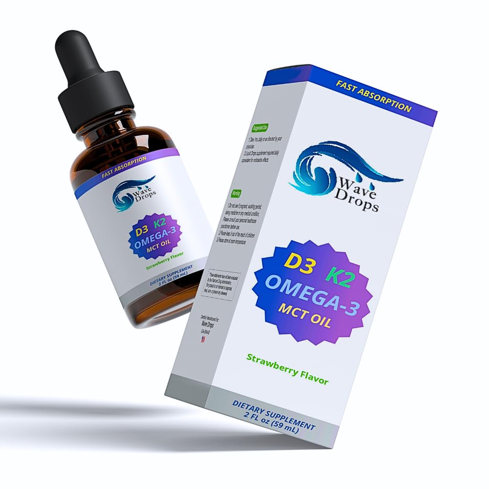 Μέγιστη περιεκτικότητα βιταμίνης D3 & K2 + MCT Oil & Omega 3: Υγρές σταγόνες για το ανοσοποιητικό σύστημα, λειτουργία εγκεφάλου & ενέργεια (χωρίς πληρωτικά, μη GMO, 2 Fl Oz)