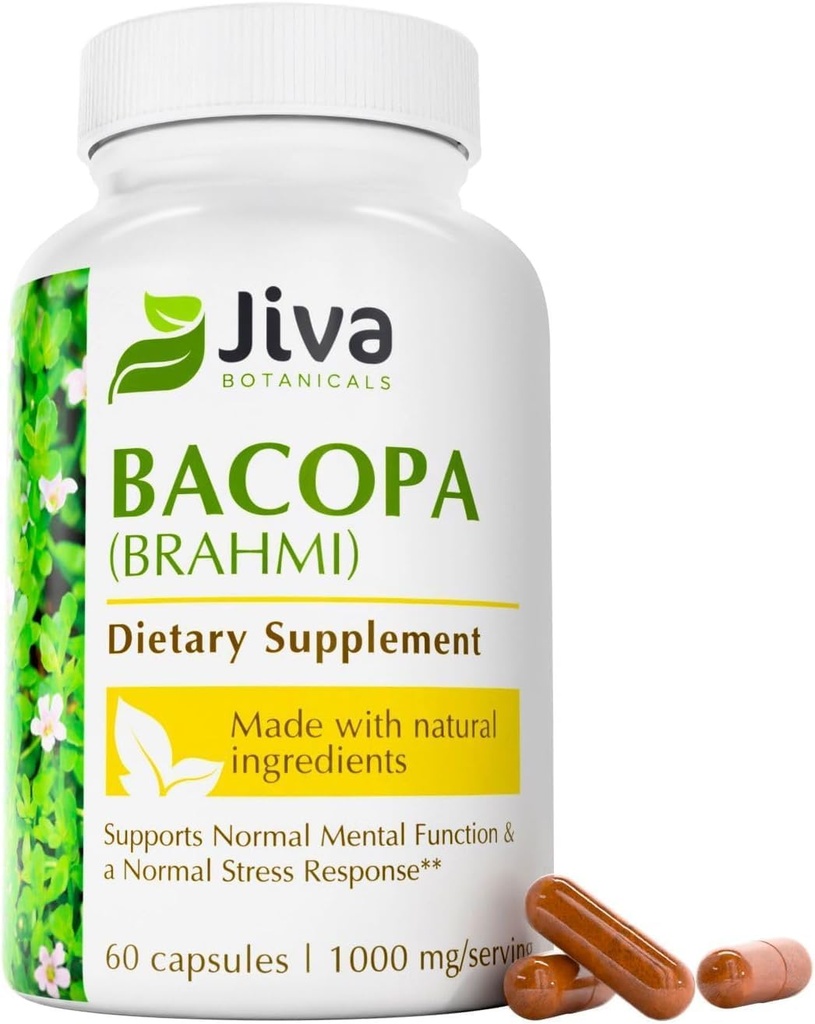 Jiva Botaniks Bacopa Monnieri Supplement Pure 1000 mg per Service - High Potency Bacopa Monnieri (Brahmi) & Normal Beyin, Focus, & Memory Support - Ayurvedic Herbs - 60 Capsules