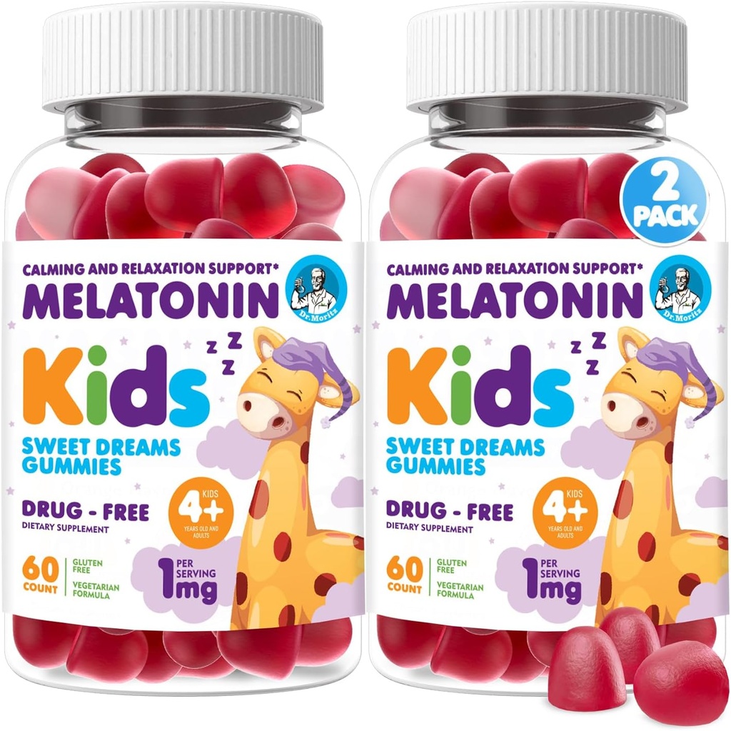 DR. MORITZ Melatonin for Kids, Vegan Sleep Aid Supplements with Low Sugar, Adult and Kids Melatonin Gummies with Strawberry Flavor, for Ages 4+, 60 Count Count Count