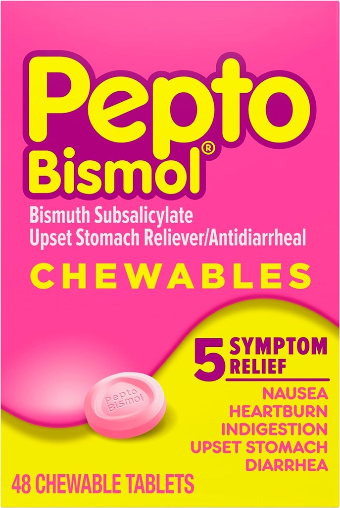 Pepto Bismol Μασώμενα δισκία για Ναυτία, Έγκαυμα καρδιάς, Δυσπεψία, Αναταραχή στομάχου και Διάρροια - 5 Symptom Fast Relief, Original Flavor, 48 ct