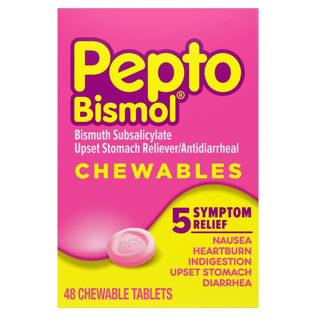 Pepto Bismol Nausea, Heartburn, Indigestion, Upset Stomach ve Diarrhea - 5 Symptom Fast Relief, Original Flavor, 48 ctt