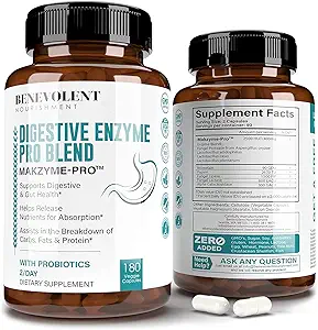 Yüksek Fiber Digestive Enzymes Supplement - 180 Capsules, Proprietary 2500HUT Makzyme-Pro Blend Probiyotiks Plus Papaya, Bromelain, Sağlıklı Digestion & Bloating için Çok Doğal Türler