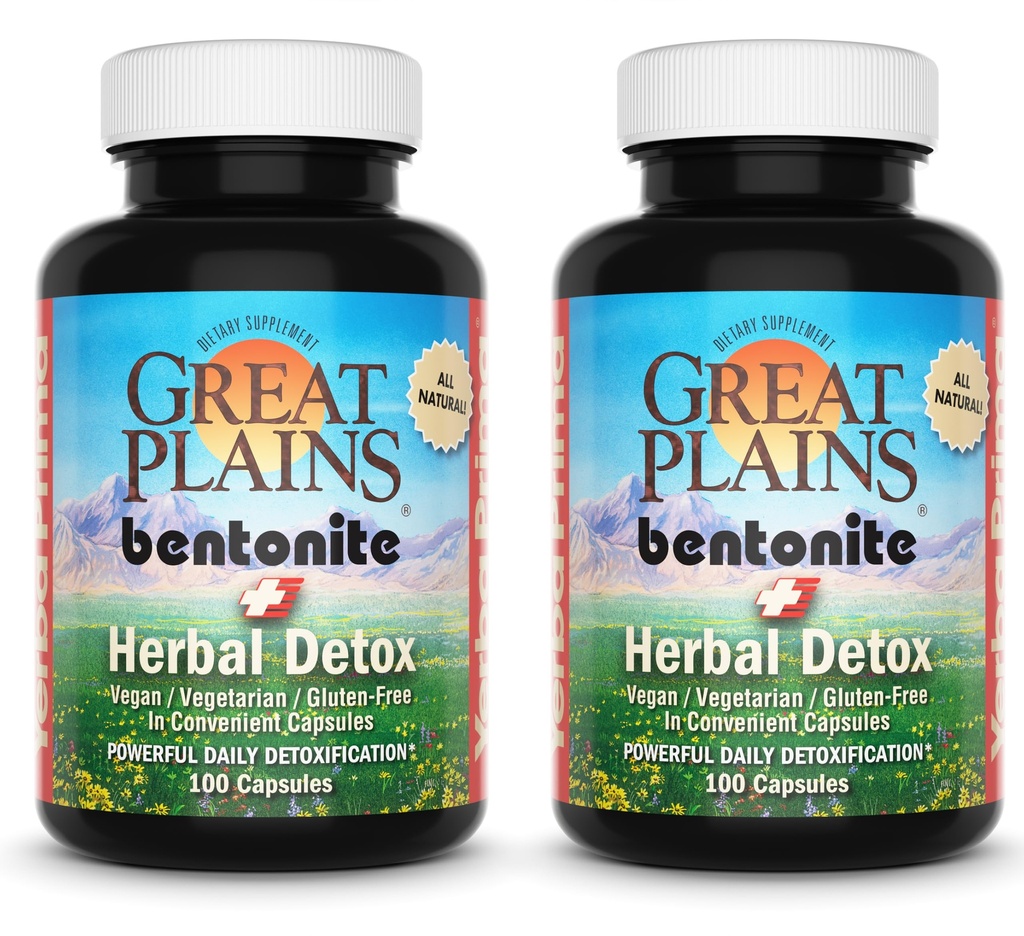 Yerba Prima Great Plains Bentonite Clay Caps Plus Herbal Detox (Pack of 2) - Gıda Grade - Liver & Colon Cleanse Supplement Capsules