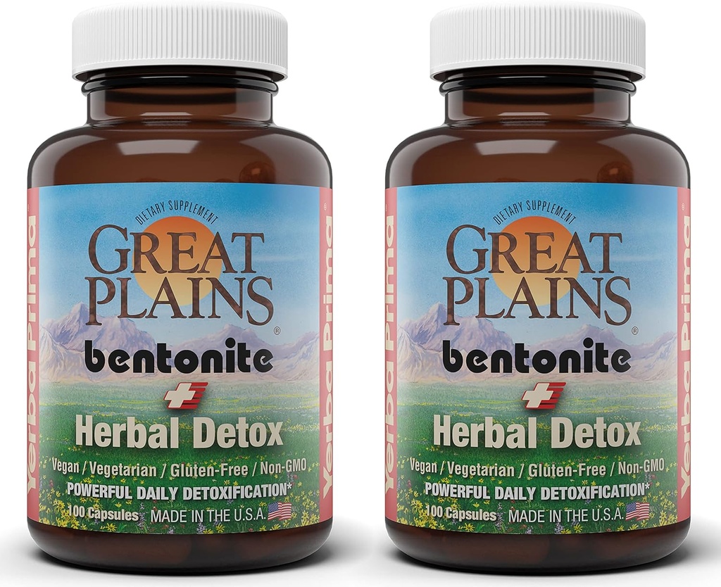 Yerba Prima Great Plains Bentonite Clay Caps Plus Herbal Detox (Pack of 2) - Gıda Grade - Liver & Colon Cleanse Supplement Capsules