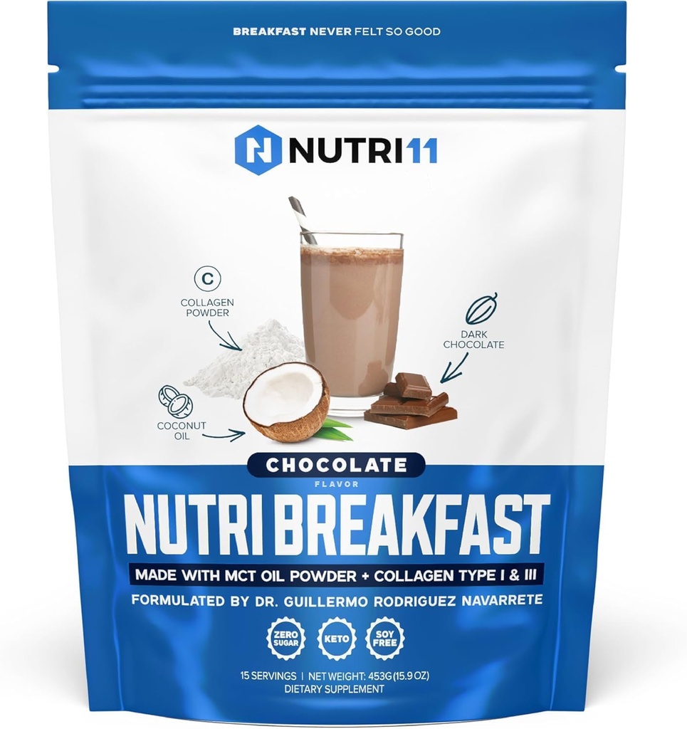 NutriBreakfast by Nutrillermo/Keto Protein Collagen Powder with MCT Oil/MCT Oil Powder/Keto Collagen Peptides with Grass-Fed Bovine Collagen Type I & III (15.9, Σοκολάτα)