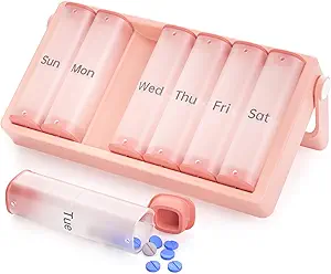 Weekly Pill Organizer 2 φορές την ημέρα, KOVIUU Μεγάλο κουτί ταξιδιών 7 ημέρα, Am Pm Δύο φορές καθημερινή θήκη χαπιών με περιστρεφόμενο λαβή, Hip Holder Δοχείο για βιταμίνη, ιατρική, συμπλήρωμα, ιχθυέλαιο, ροζ