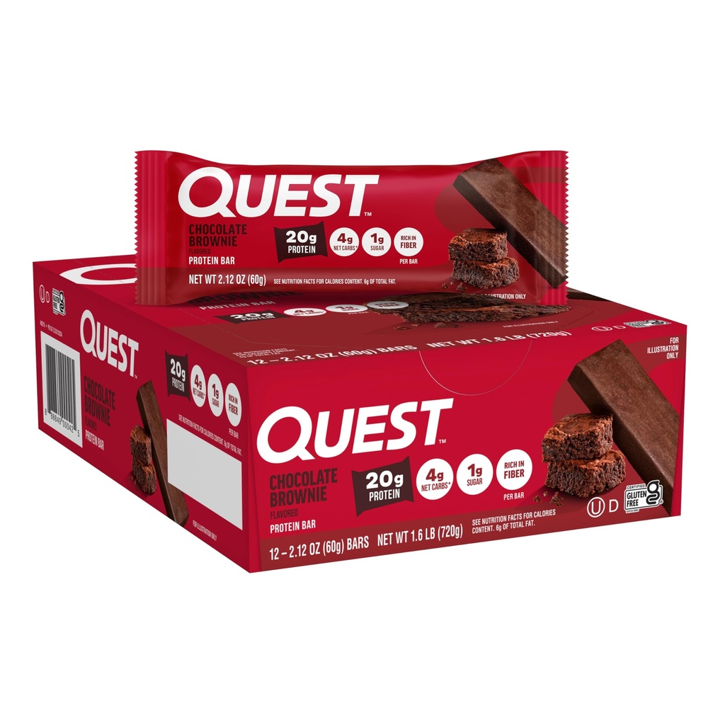 Quest Nutrition Chocolate Brownie Protein Bar, 20g Protein, 1g Sugar, 4g Net Carb, High Fiber, Gluten Free, Gluten Free, 12 Count