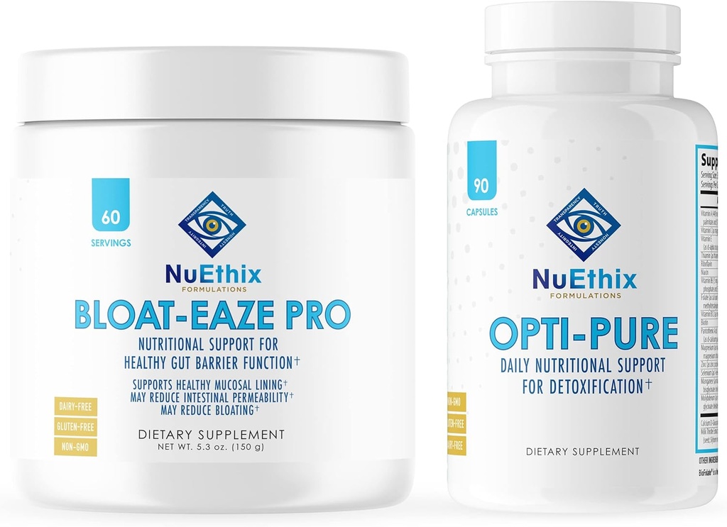 NuEthix Formulations Αποτοξίνωση και συμπλήρωμα υποστήριξης των εντέρων Δέσμη Opti-Pure, 30 εξυπηρετήσεις και Bloat-Eaze, 60 εξυπηρετήσεις