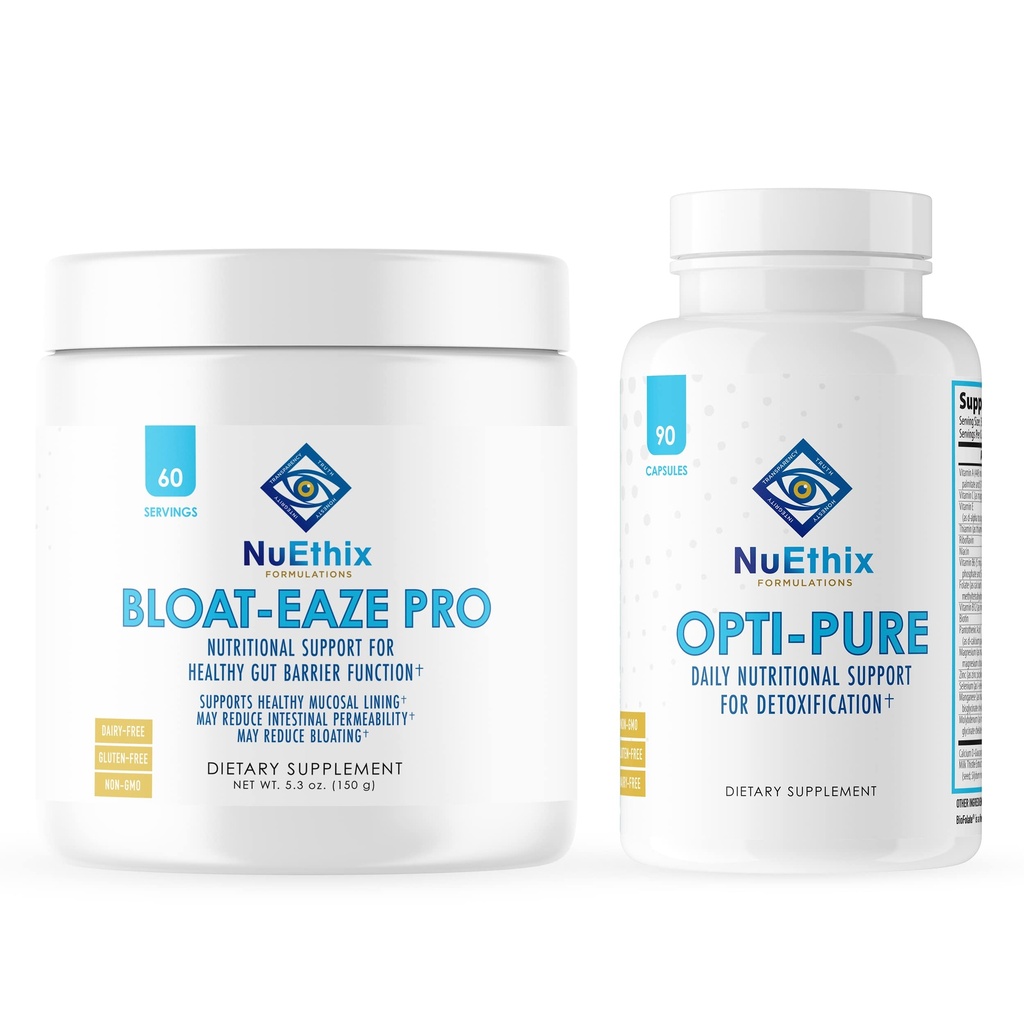 NuEthix Formulations Αποτοξίνωση και συμπλήρωμα υποστήριξης των εντέρων Δέσμη Opti-Pure, 30 εξυπηρετήσεις και Bloat-Eaze, 60 εξυπηρετήσεις