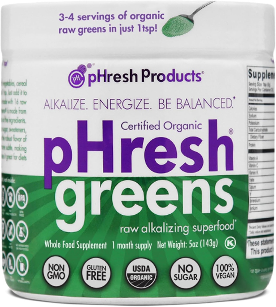 PHresh Greens Raw alkalining Superfood Greens Toz - 1 Ay Supply | Gluten-Free | Natural Enzymes | Raw Nutrients | Intertent Fasting ve Keto Diyetleri için Onaylandı | 5 Ounces