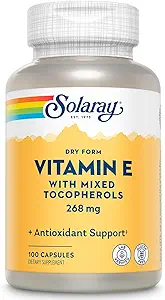 SOLARAY Vitamin E 400 IU (268 mg), Kuru Form - Doğal Kaynak, Karma Tocopherols E - Antioksit Tamam, PMS ve Menopause Support - 60-Day Garanti, Lab TY - 100 Serv, 100 Capsules
