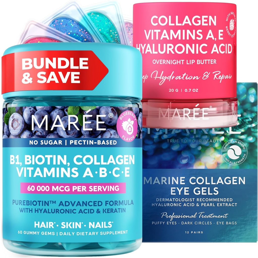 MAREE Sche - Vitamin B1 Thiamine Gummies, Lip Mask, Under Eye Gels - A, E, D, C Vitaminleri - Collagen & Hyaluronic Asit - Skin için Kompleksi, Nails, Saç - Kuru Lips için Maske - Puffy Eyes için