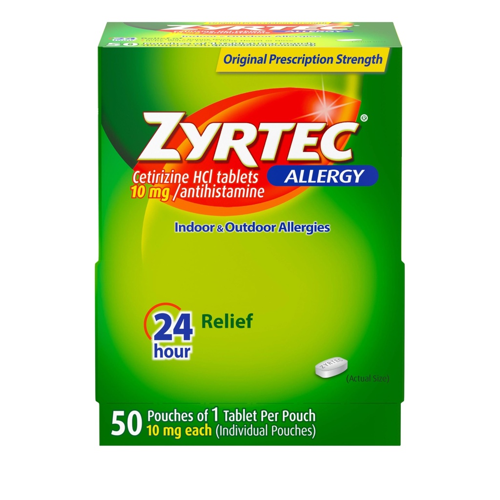 Zyrtec 24 Saat Antihistamin Tabletinde 10 mg Cetirizine HCl ile Kapalı ve Açık Antihistamin Tablet 1 Tablet, 1 Tablet Per Pack, 50 ct Dispensit Pack