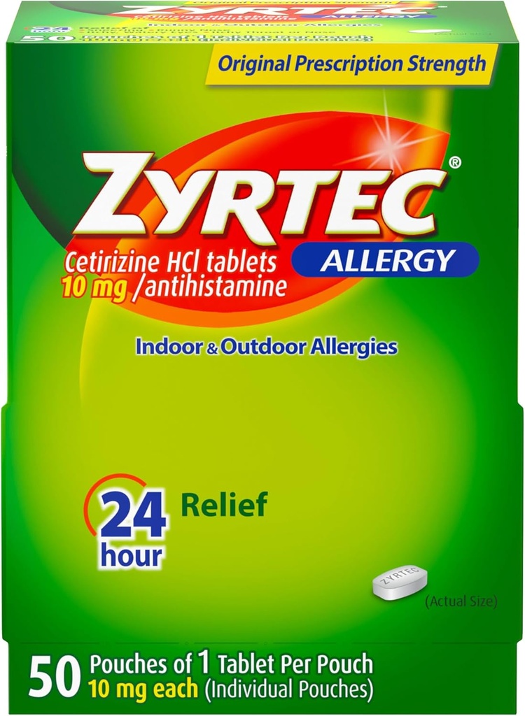 Zyrtec 24 Saat Antihistamin Tabletinde 10 mg Cetirizine HCl ile Kapalı ve Açık Antihistamin Tablet 1 Tablet, 1 Tablet Per Pack, 50 ct Dispensit Pack
