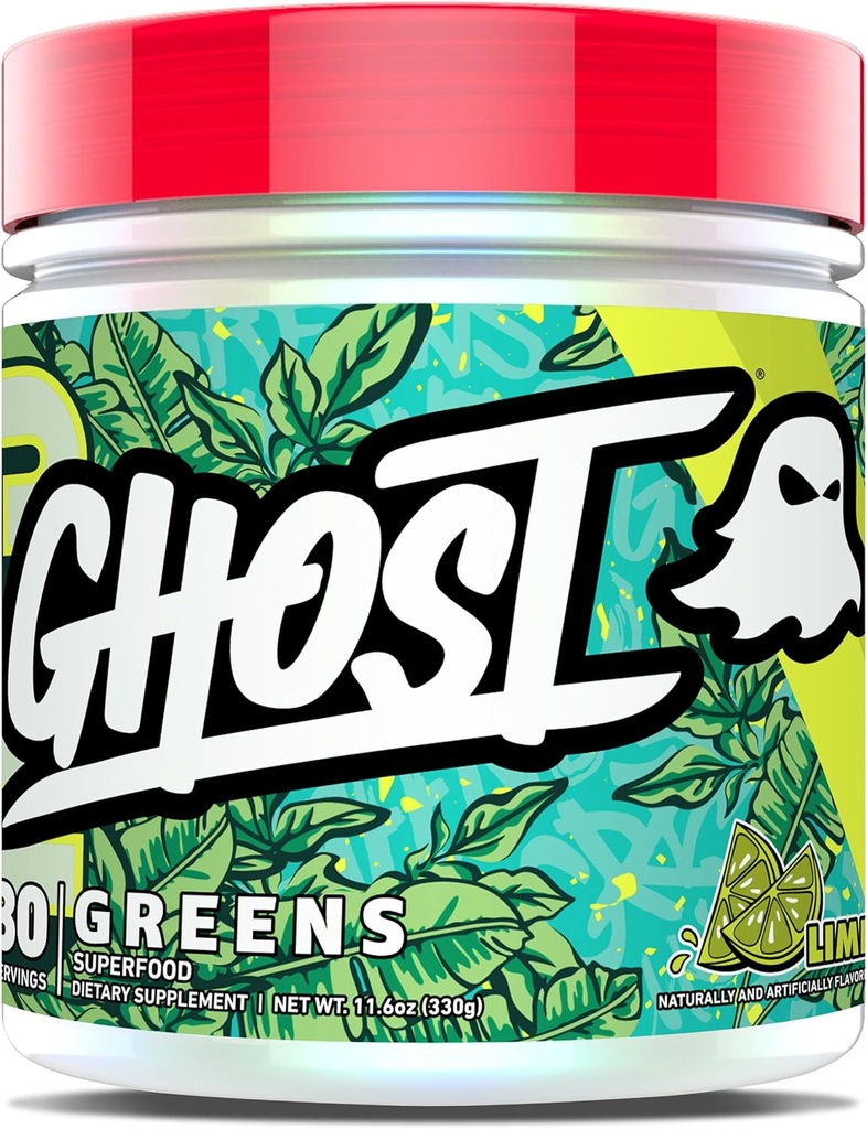 GHOST Greens Powder, Lime - 30 Μερίδες - 19 Superfood Greens & Reds Σκόνη, Φρούτα, Λαχανικά, Spirulina, & Chlorella, Πρεβιοτικά, 10 δισεκατομμύρια CFU Probiotic & Digestive Enzymes - Χωρίς γλουτένη