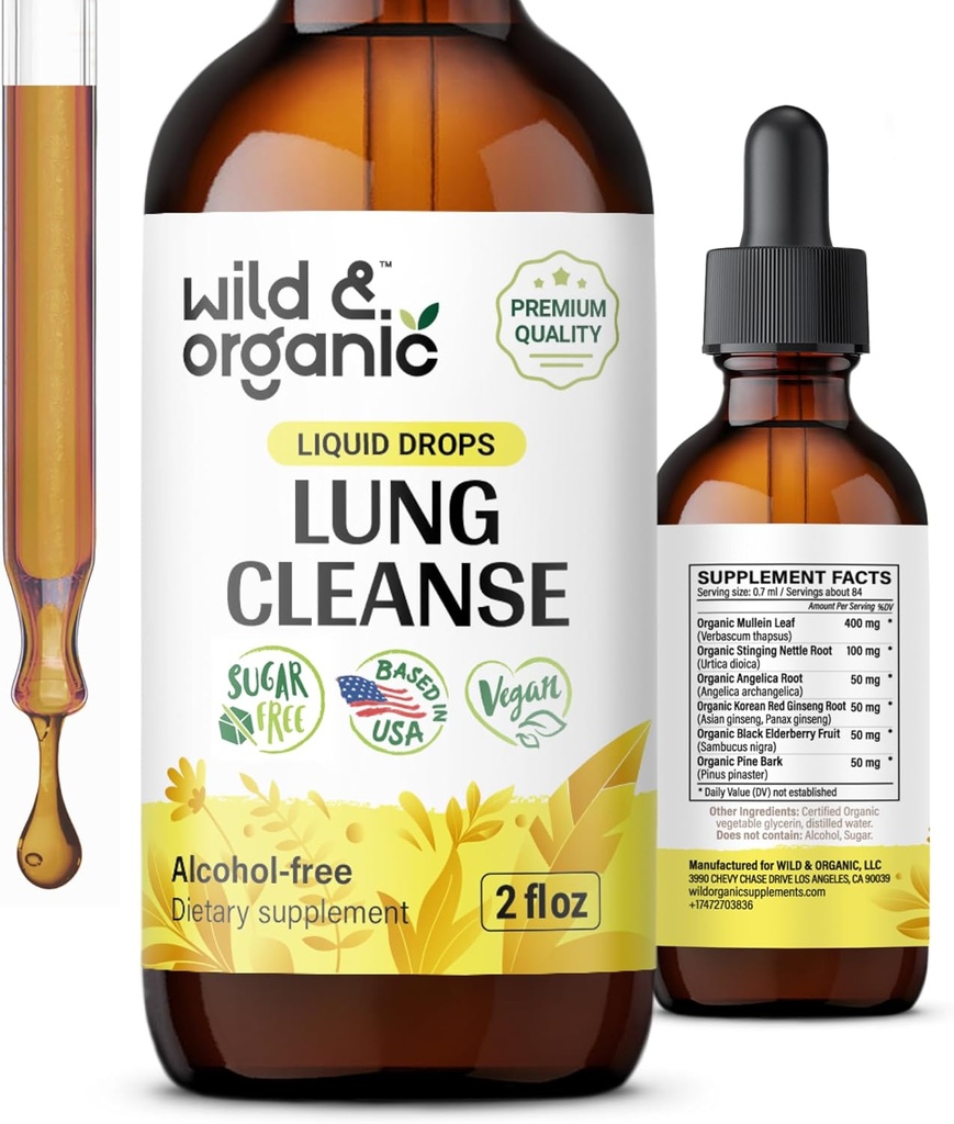 Vahşi & Organik Lung Cleanse Tincture - Lungs için Tatlı Yemek - Herbal Detox Supplements - Vegan, Sugar & Alkol-Free Mullein Drops - 2 fl oz