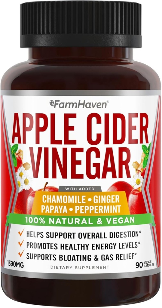 Apple Cider Vinegar Capsules with Ginger, Papaya & Chamomile | 1390mg | Digestion, Energy, Immunity | Soothes Gas & Bloating Issues | Like with Mother | Non-GMO & 100% Natural | 90 Capsules