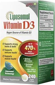 LABO Beslenme Liposomal Vitamin D3, Yüksek Potency Vegan- Optimal Aborpsiyon, Sustained Release, 47 Bio kullanılabilir, Boost Immunity, Bone & Brain Health, 240 Days Supply, Non-GMO, Gluten Free