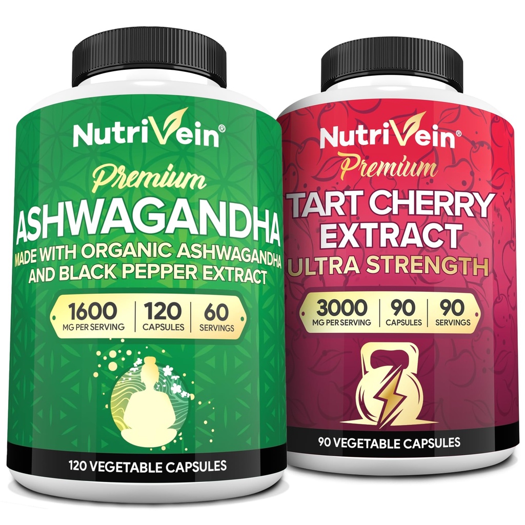 Nutrivein Premium Ashwagandha Capsules & Tart Cherry Capsules Sche: High-Abase Tart Cherry Extract and Ashwagandha Supplements for Recovery, Balance, and Vitality