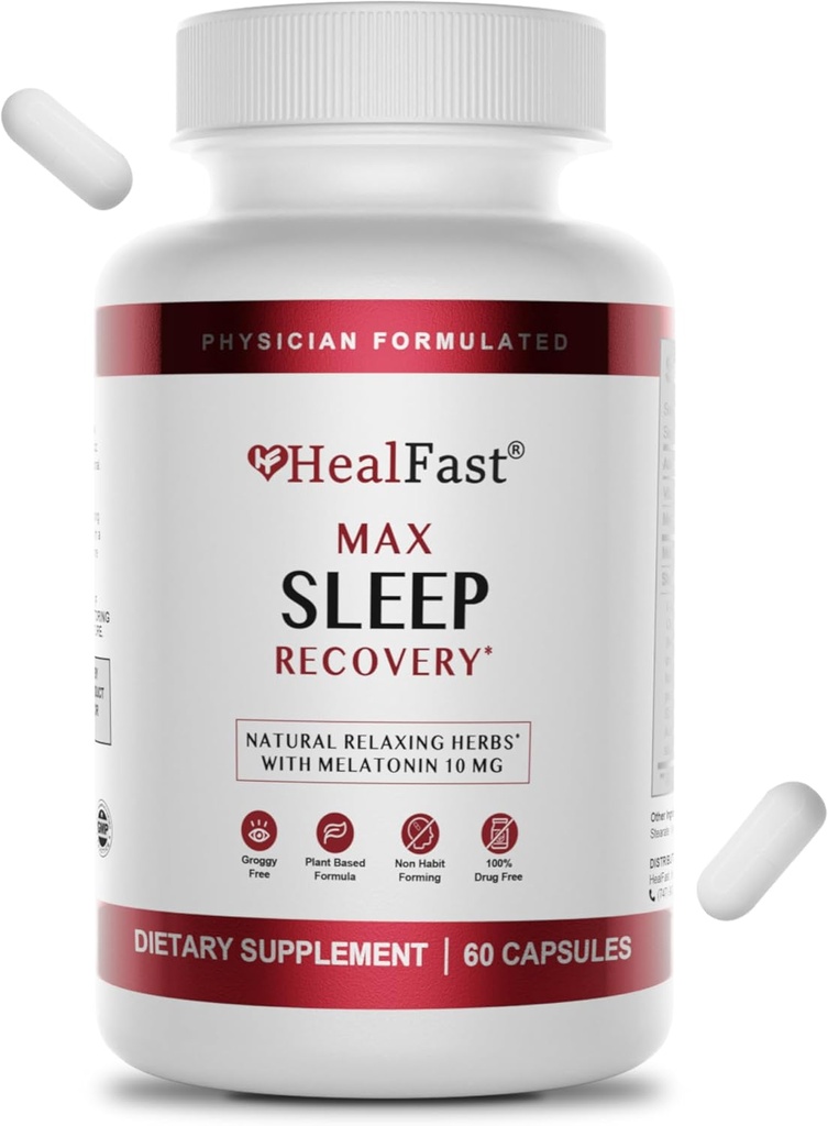 HealFast Physician Formulated Max Sleep Aid with Extra Strength Melatonin 10mg - Fast Dissolving - Natural Sleep Aids for Adults - Χάπια μελατονίνης - Βότανα, Αμινοξέα και Μελατονίνη - 60 Ct