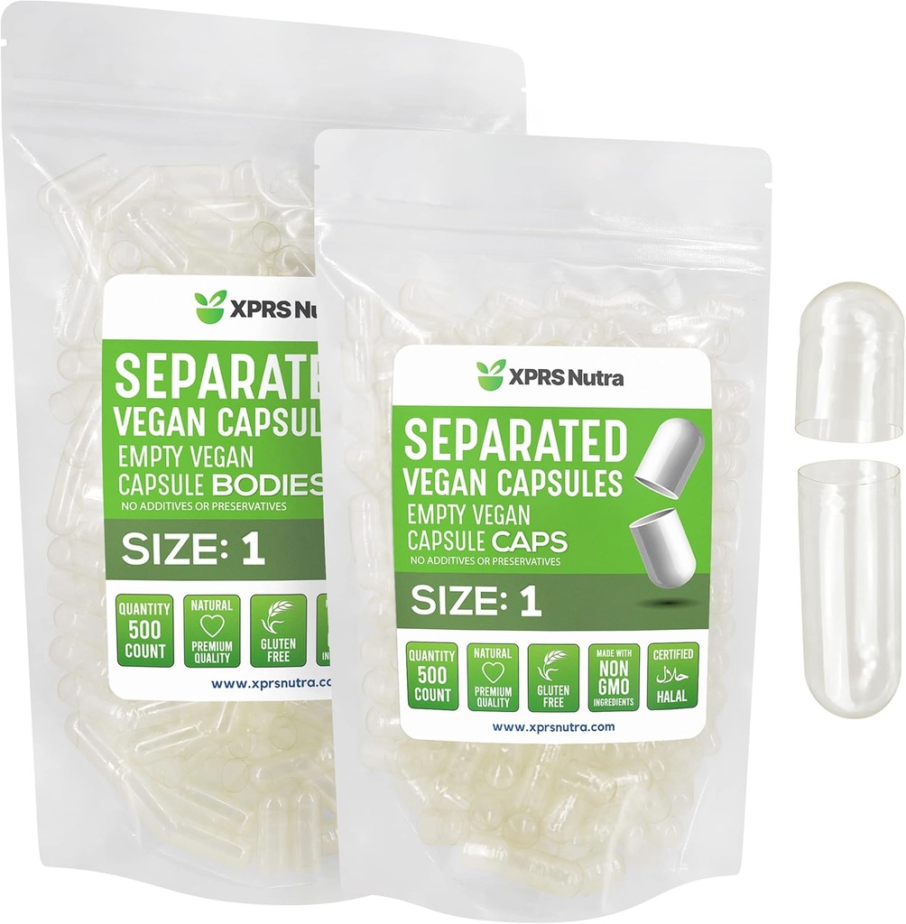 XPRS Nutra Vegan Μέγεθος 1 Χωριστές κάψουλες - 500 Count Premium Άδειες κάψουλες χωρίζονται σε τσάντες - Καθαρίστε χάπια 1 Κενό για συμπλήρωμα DIY πλήρωσης
