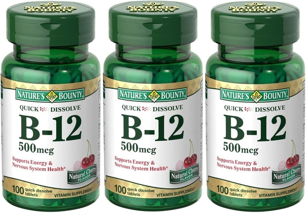 Nature's Bounty B-12 Quick Dissolve Tabletleri 500 Mcg, 300 Tabletler (3 X 100 Kont Şişe)